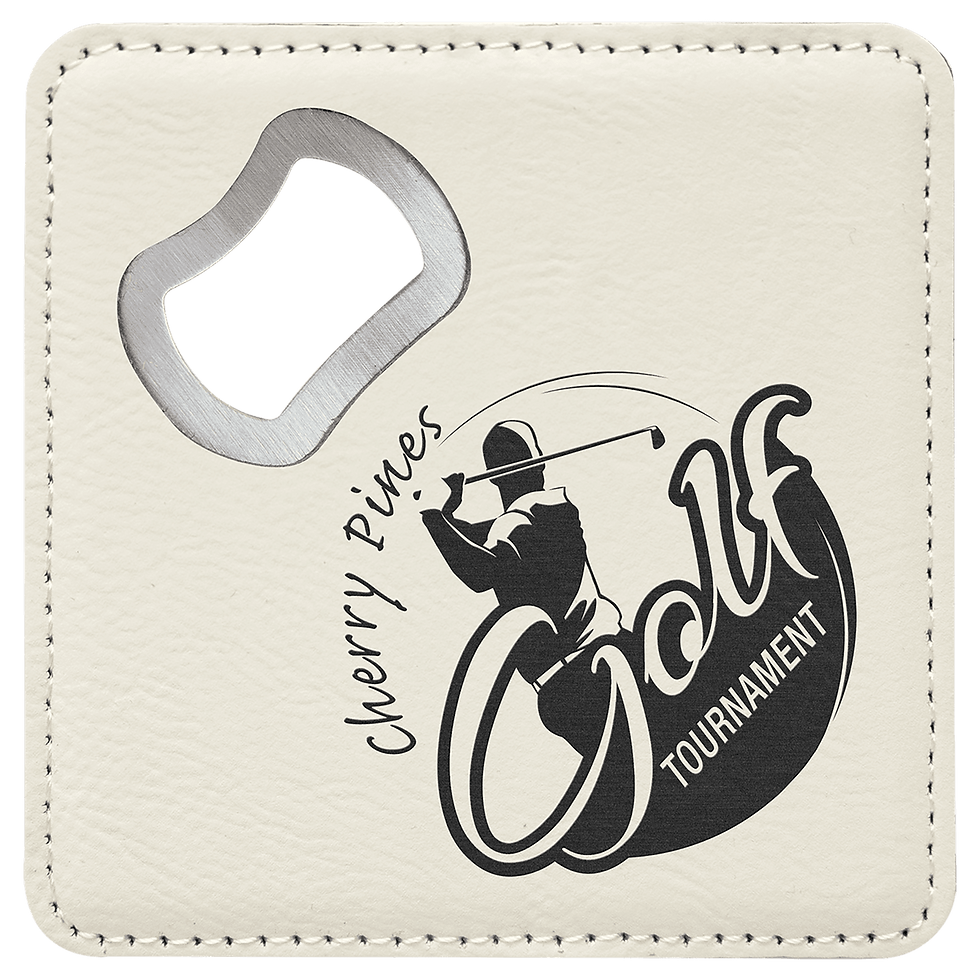 Thumbnail: 4" x 4" Square Laserable Leatherette Coaster with Bottle Opener