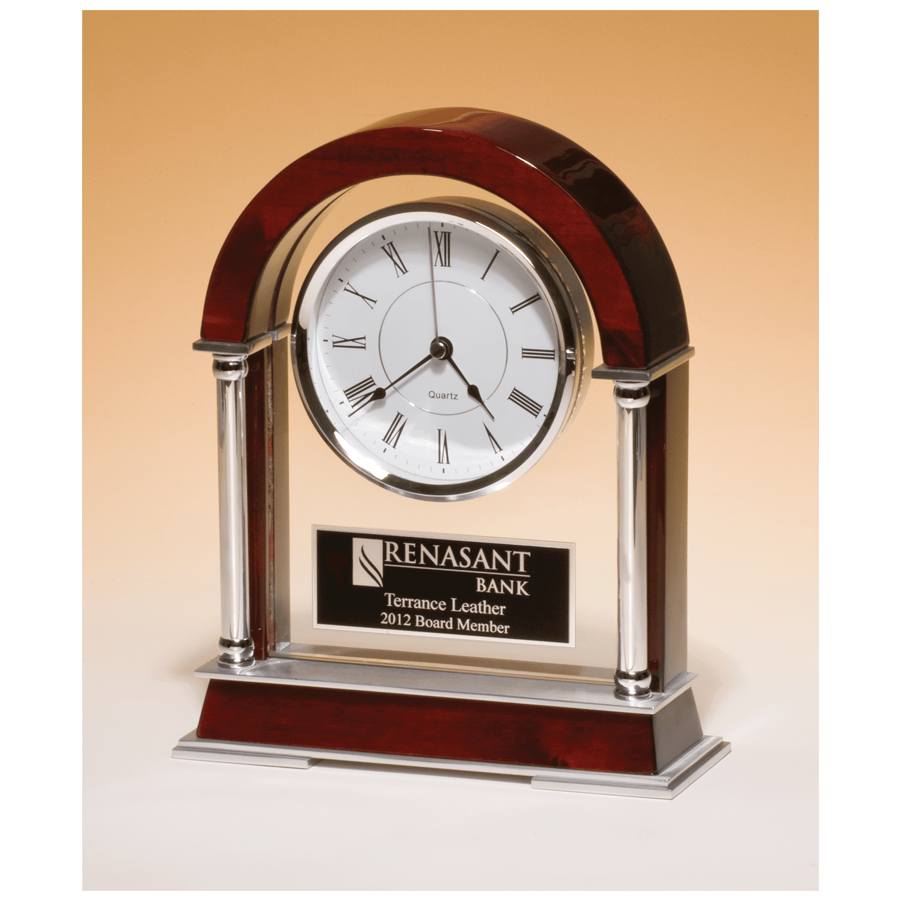 8 1/2" x 10 1/2" Rosewood Piano Finish Mantle Clock, Chrome Plated Posts, Silver