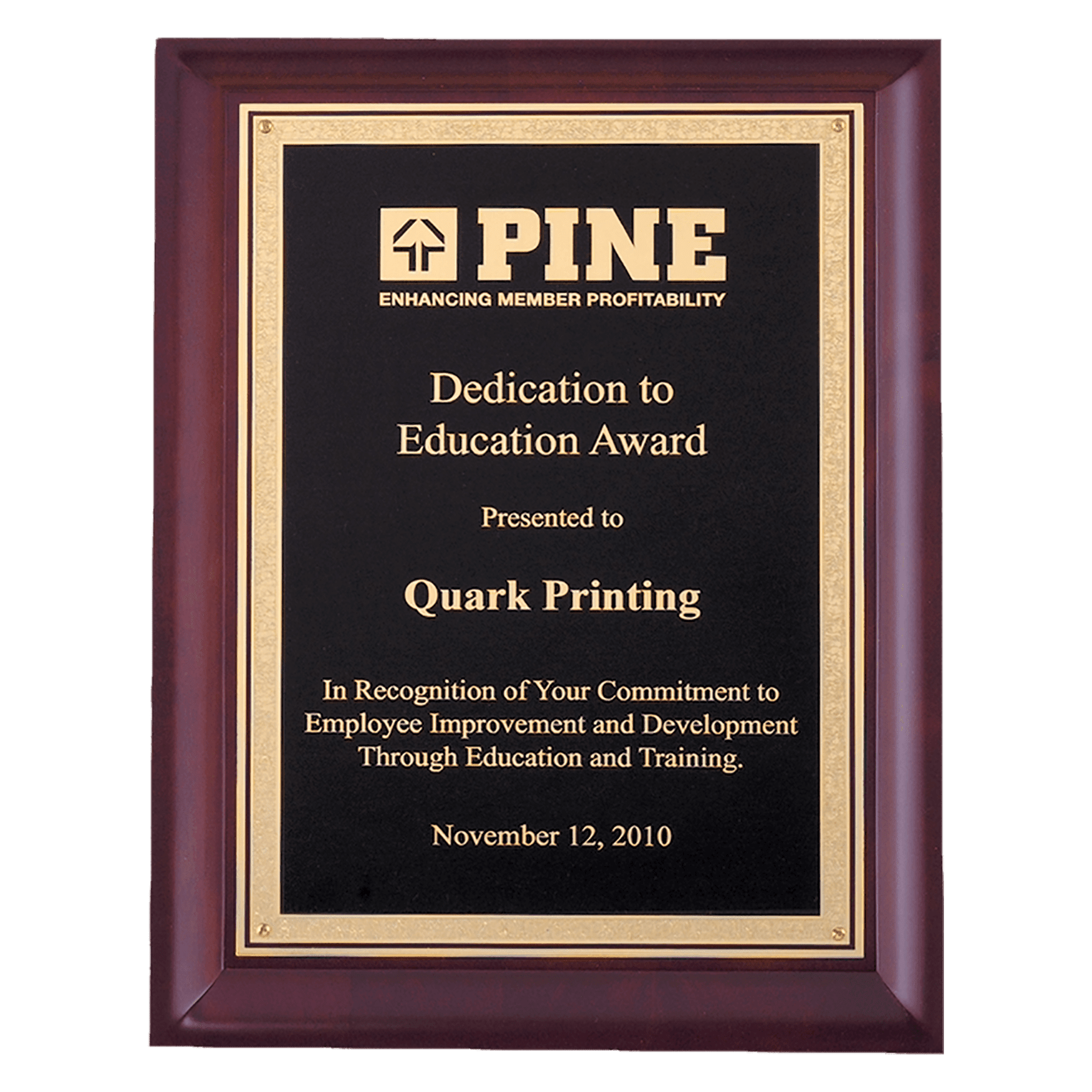 9" x 12" Hand Rubbed Cherry Finish Plaque with Gold Florentine Border Black Lase