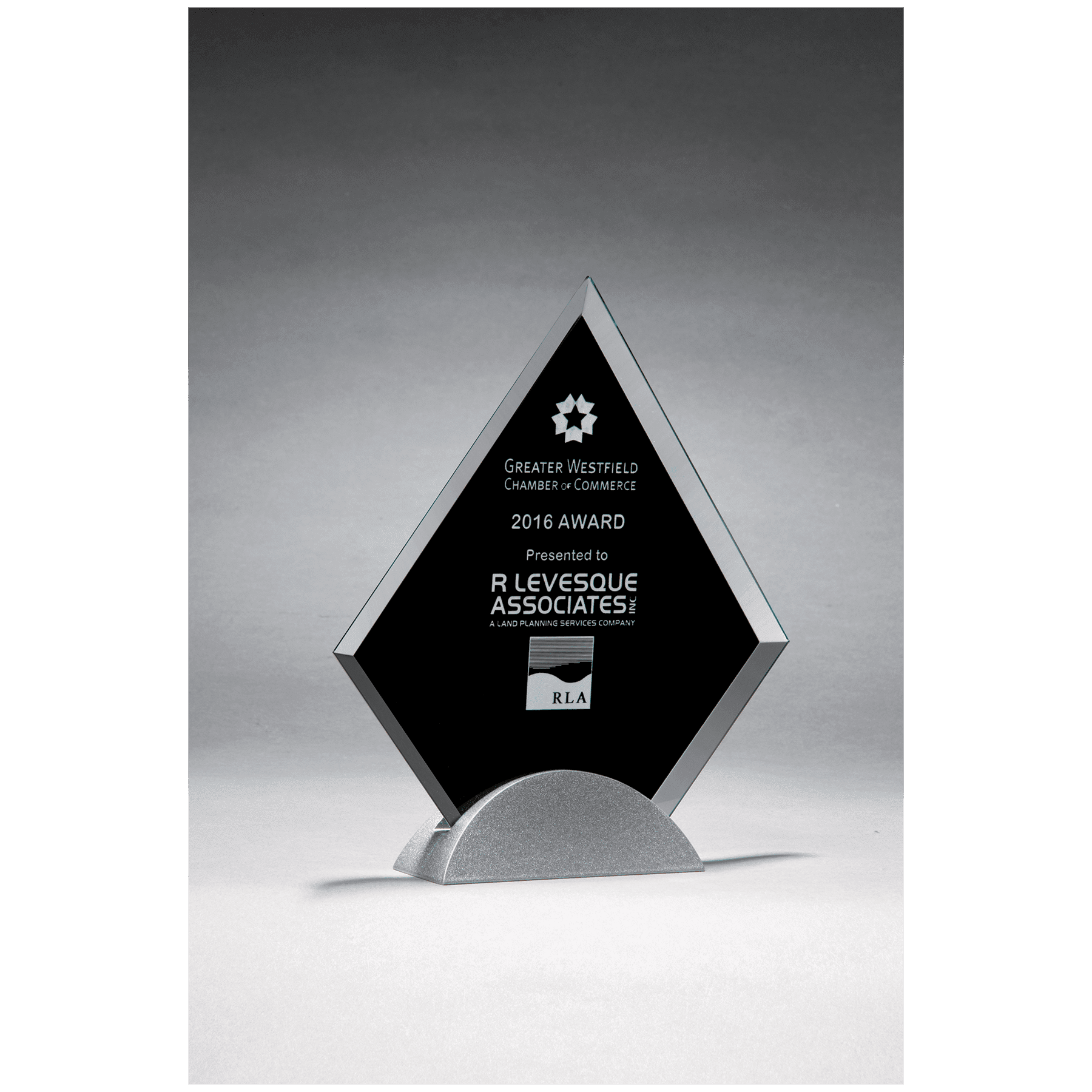 7 1/8" x 8 1/4" Diamond Shaped Glass Award, Black Silkscreen on Silver     Metal
