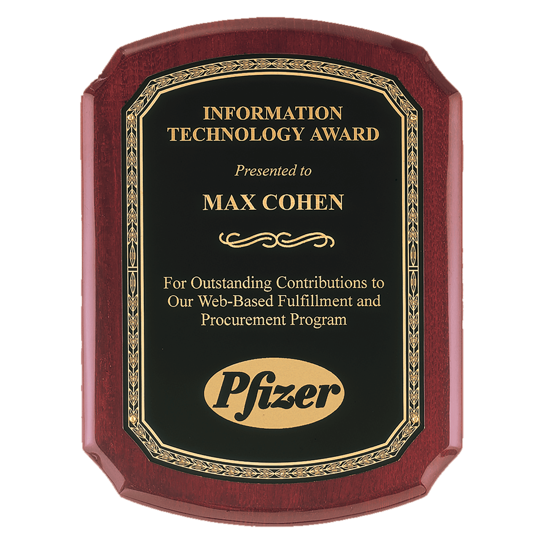 Airflyte Rosewood Piano Finish Plaque with Black Florentine Gold Border LaserFX