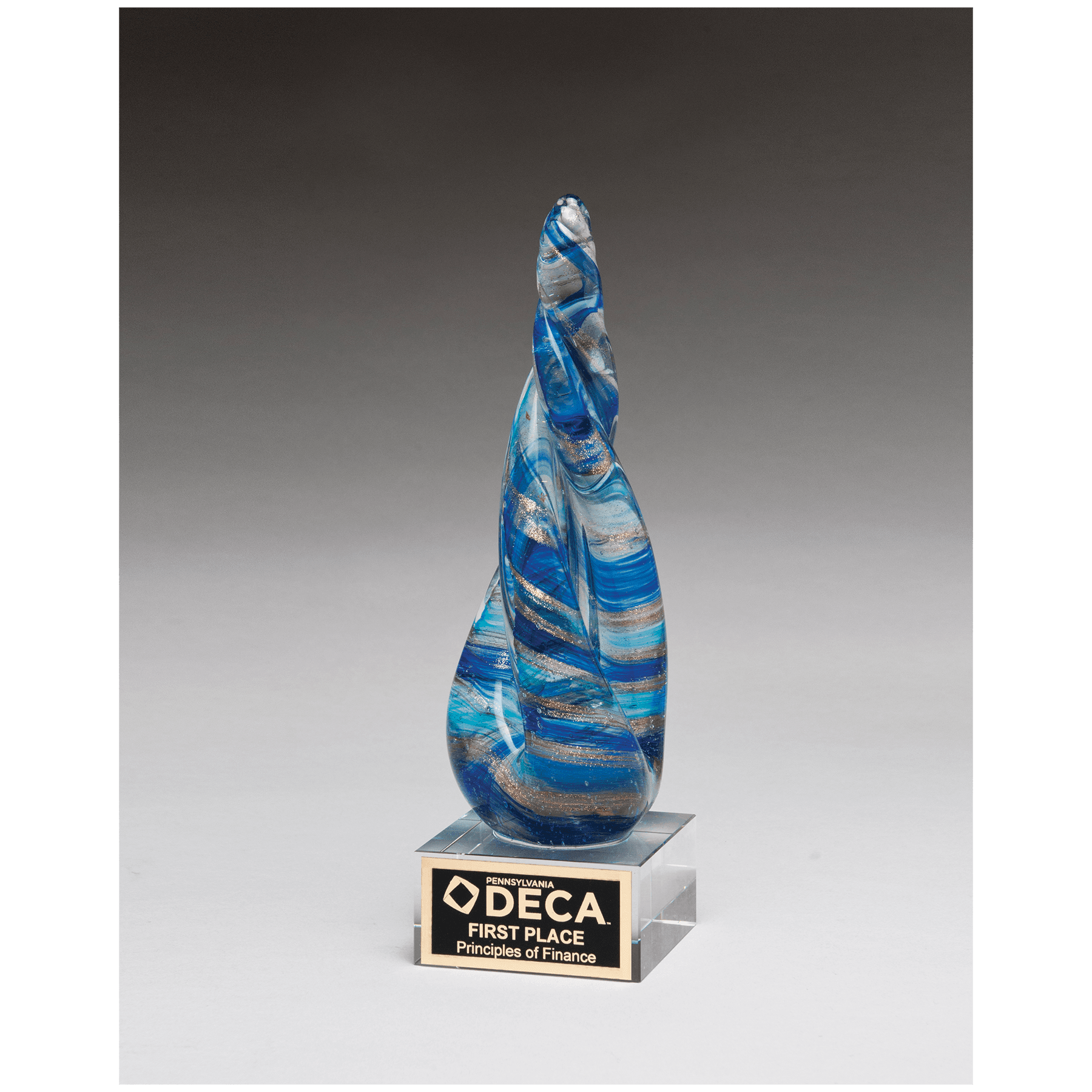 8 3/4" Twist Blue & Teal Art Glass with Gold Metallic Accent on Clear Glass Base