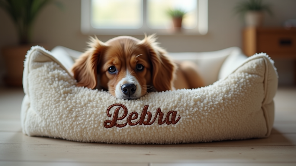 Eye-level view of a personalized pet bed with embroidered name