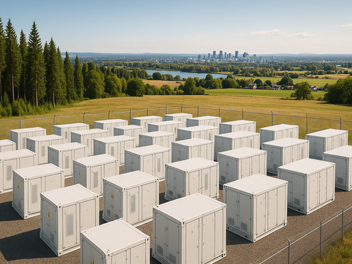 Battery energy storage system in a field outside of city in Canada.