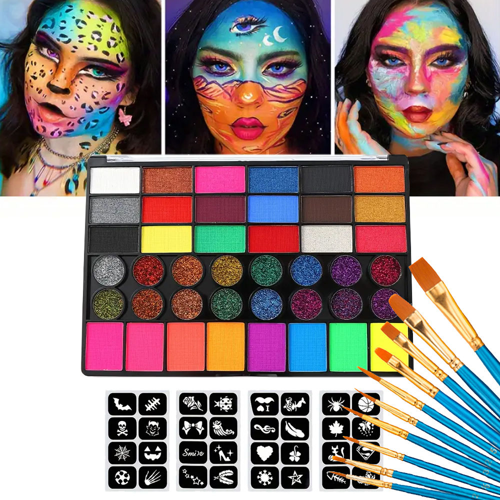 42 Colors Water Soluble Face Body Painting Set UV Neon Glitter Face Paint Art Ha