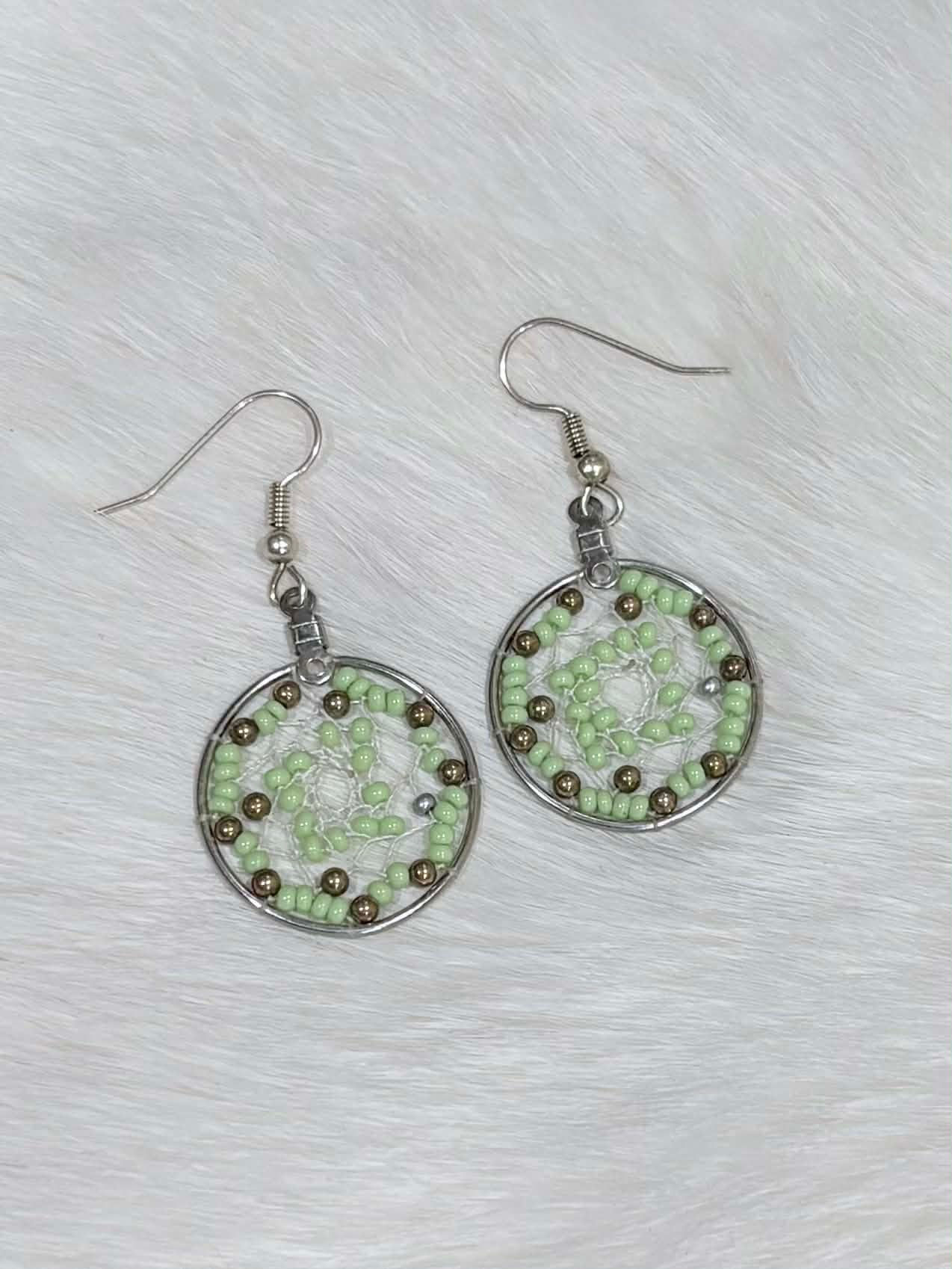 Green & Bronze Beaded Dreamcatcher Earrings 