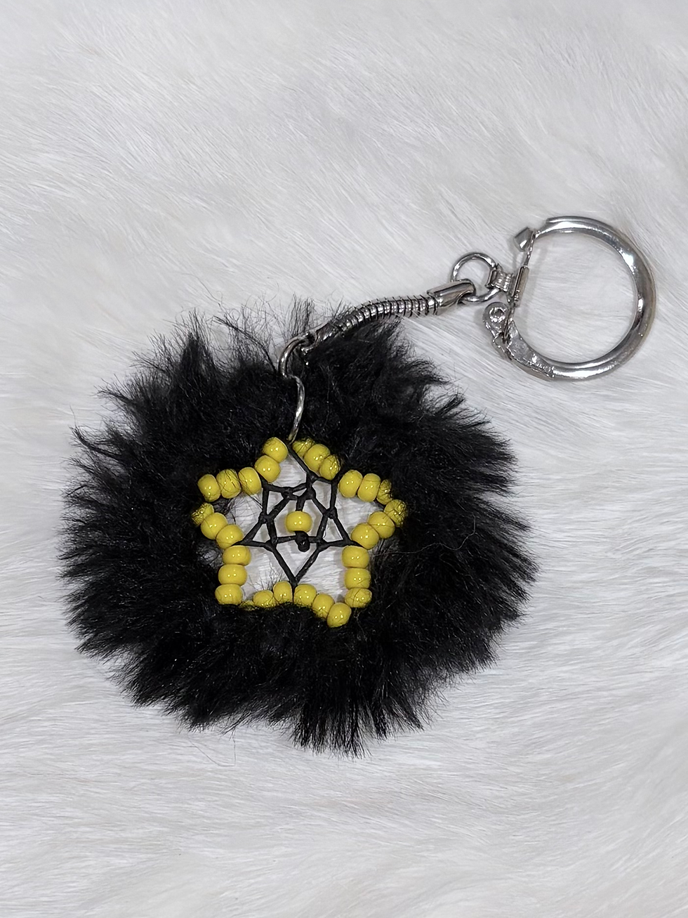 Fluffy Black and Yellow Star Dreamcatcher Keychain
