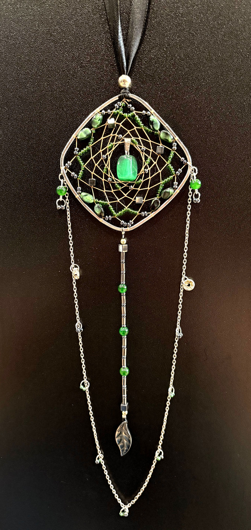 Thumbnail: Silver Dreamcatcher with Green Beads and Leaf Charm