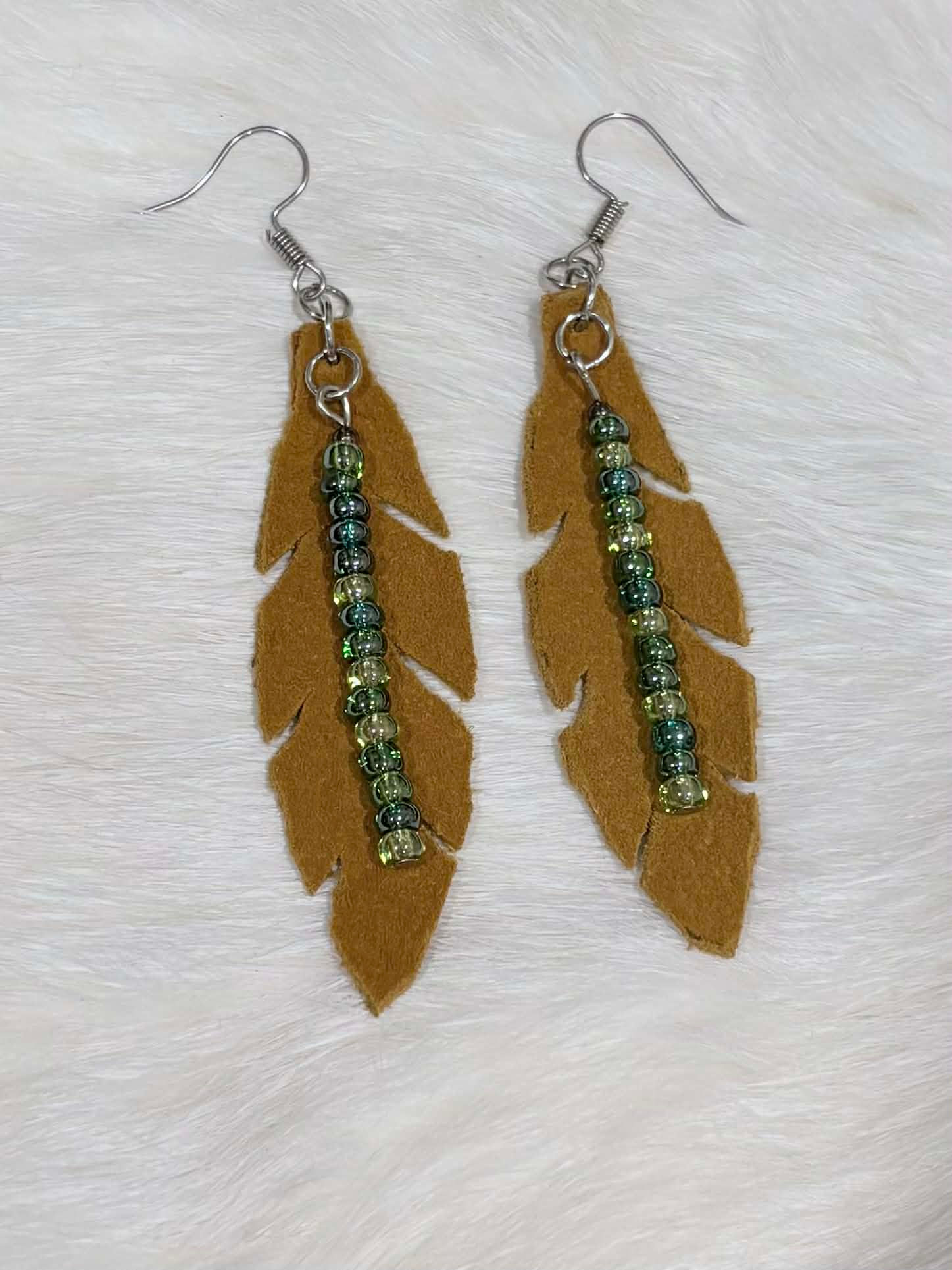 Green Bead & Deer Hide Feather Earrings