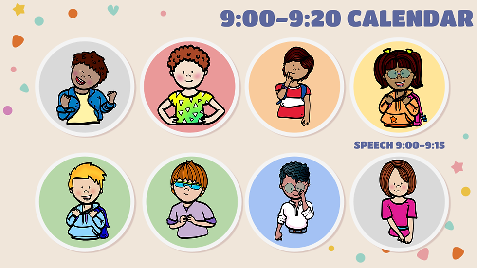 Elementary daily slides example for classroom management for the 9:00-9:20 calendar rotation. Student clip art in colored circles- each circle color corresponds to a paraprofessional. Speech is indicated under one student's picture.