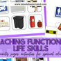 Teaching activities for community signs like restroom and taxi. Purple text reads "Teaching Functional Life Skills."