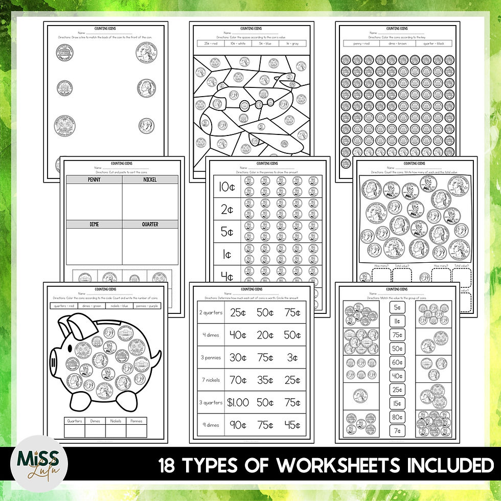 Thumbnail: Coin Identification & Counting Coins Worksheets for Special Education & ESY