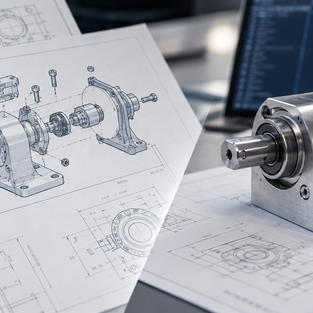 Technical drawing showing a mechanical assembly evolving into a redesigned product