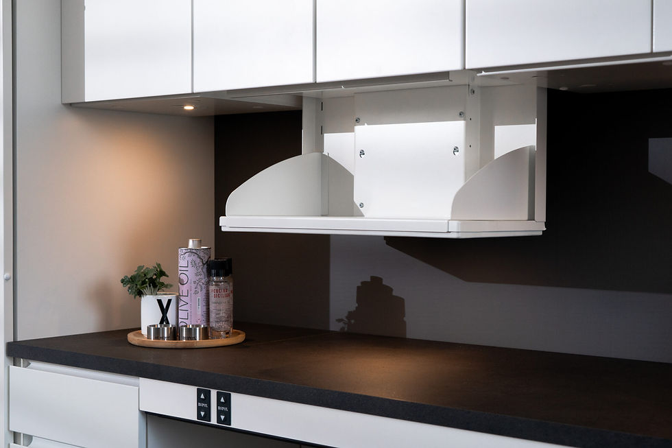 VertiInside Adjustable Shelves. A complete shelving unit for installation in wall cabinets
Controls at worktop level electrically power the shelving unit to a reachable unit
Electrical height adjustable shelves enable the user to easily reach items in the cabinets
The VertiInside upper cabinet system looks like any other common kitchen cabinet system, the shelves can be adjusted by a control panel which can be integrated in the fascia
Replaces the back and base panels of a standard wall unit