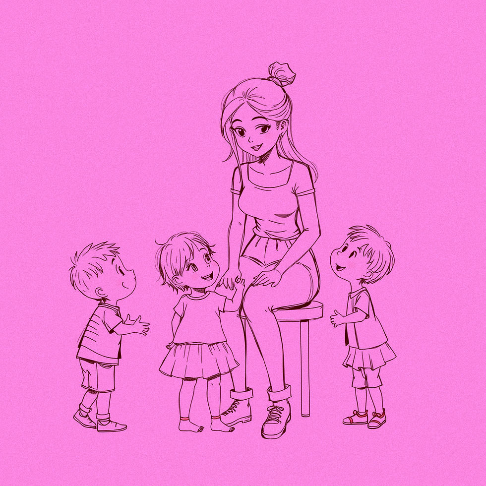 Dessin d'une jeune animatrice qui garde trois enfants 