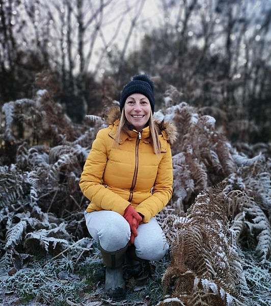 Julli, crouched among frost covered ferns in a woodland