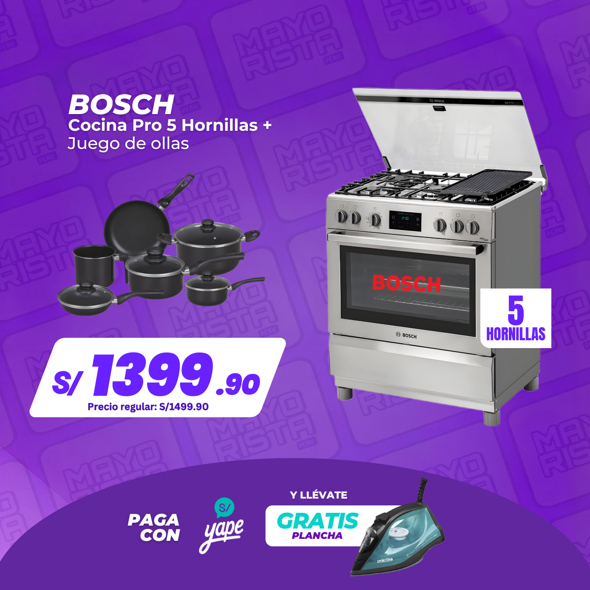 COCINA BOSCH PRO 5H + JUEGO DE OLLAS