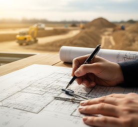 Person's Hands Working Over a Set of Blueprints