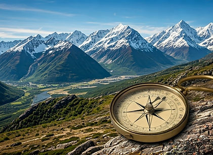 Compass in Front of Mountain Peaks