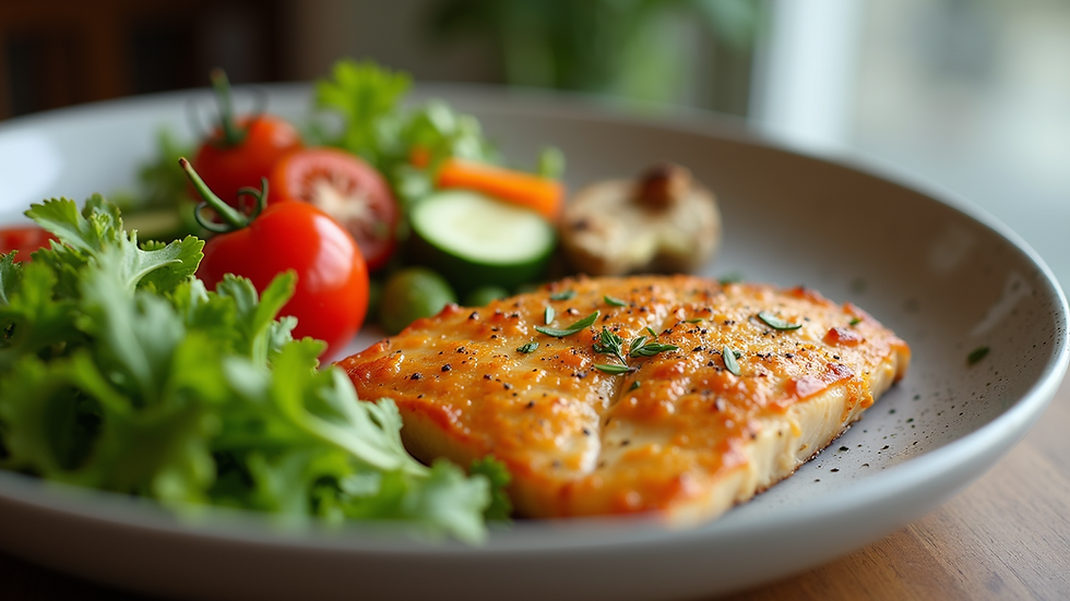 Eye-level view of a colorful plate with fresh vegetables and lean protein