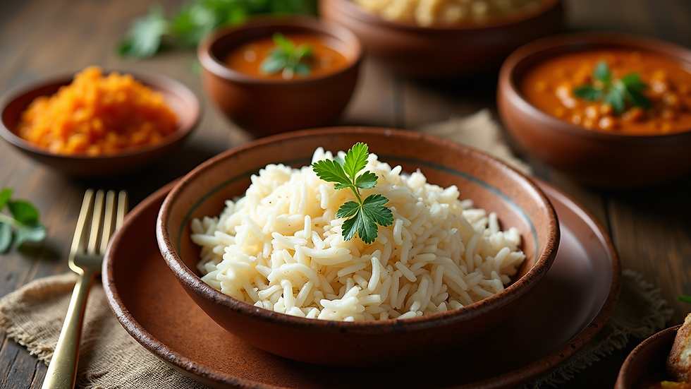 High angle view of a traditional Indian meal with rice and side dishes