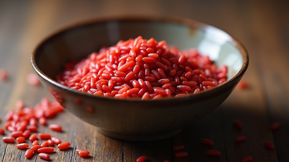 Eye-level view of a bowl filled with red rice grains