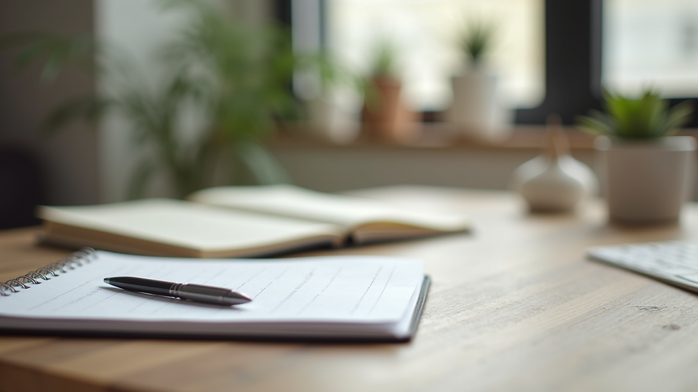 Close-up view of a therapist’s desk with a notebook, pen, and calming decor