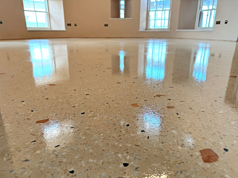 Polished terrazzo floor reflecting sunlight through large windows in an empty room. Warm, neutral tones create a bright, clean ambiance.