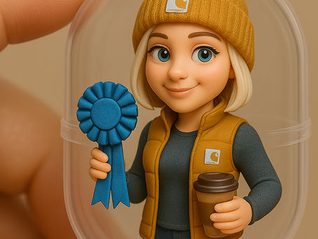 Detailreich gestaltete Miniaturfigur einer jungen Frau in einer transparenten Kapsel. Sie trägt eine senfgelbe Carhartt-Mütze und -Weste, ein dunkelgraues Shirt und Jeans. In der rechten Hand hält sie eine blaue Siegerschleife, in der linken einen Kaffeebecher. Die Figur lächelt freundlich und hat große blaue Augen – ideal für Storytelling, Branding oder Social-Media-Content.