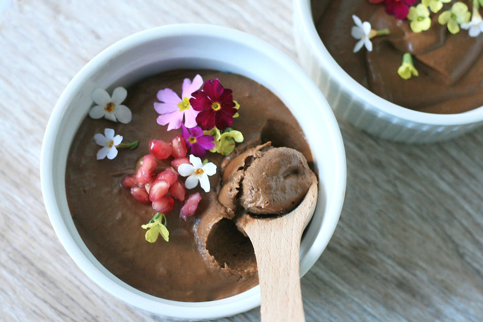 Avocado & Banana Mousse with edible flowers