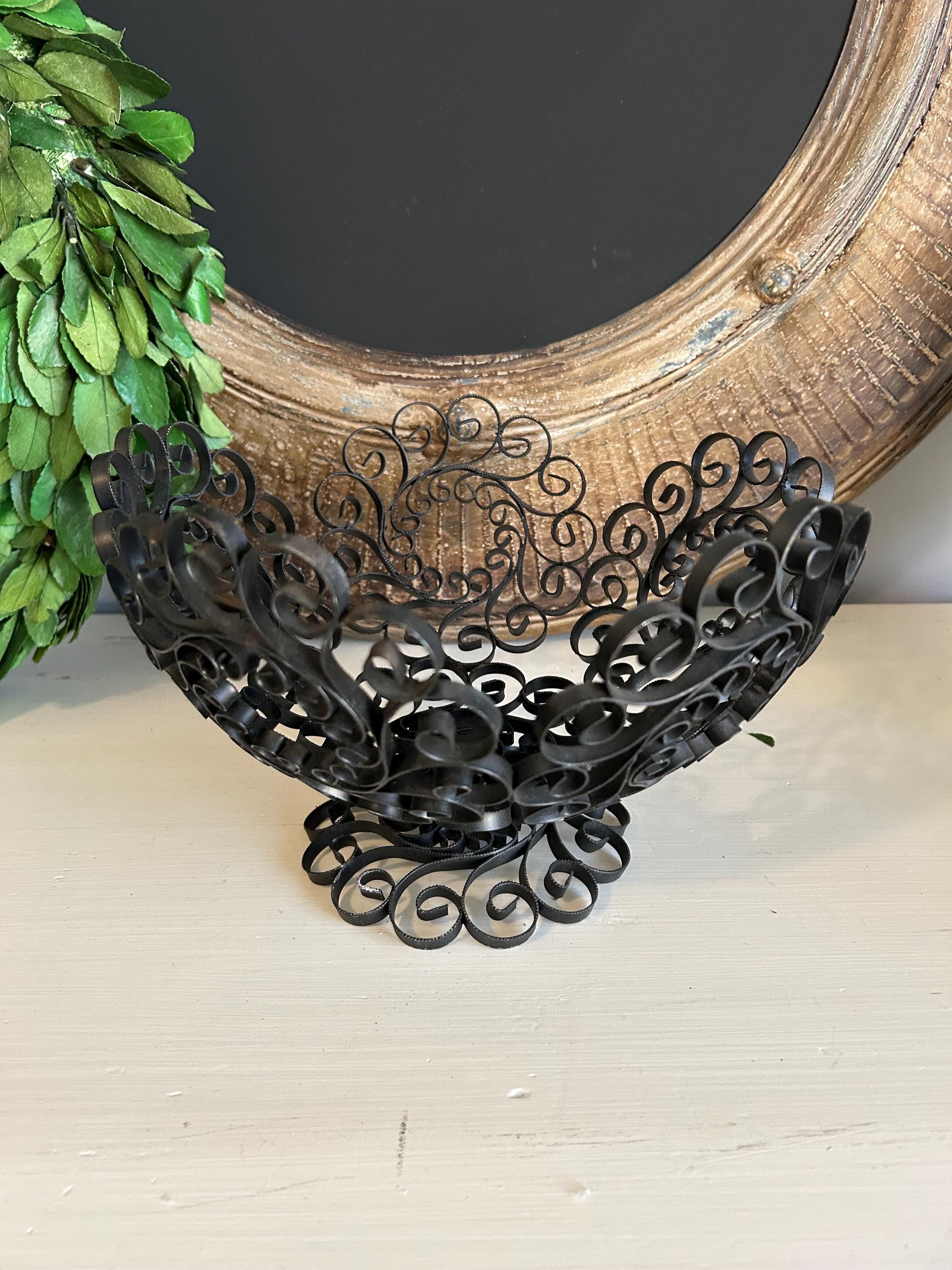 Vintage Scrolled Metal Wire Basket: Farmhouse Pedestal Decor