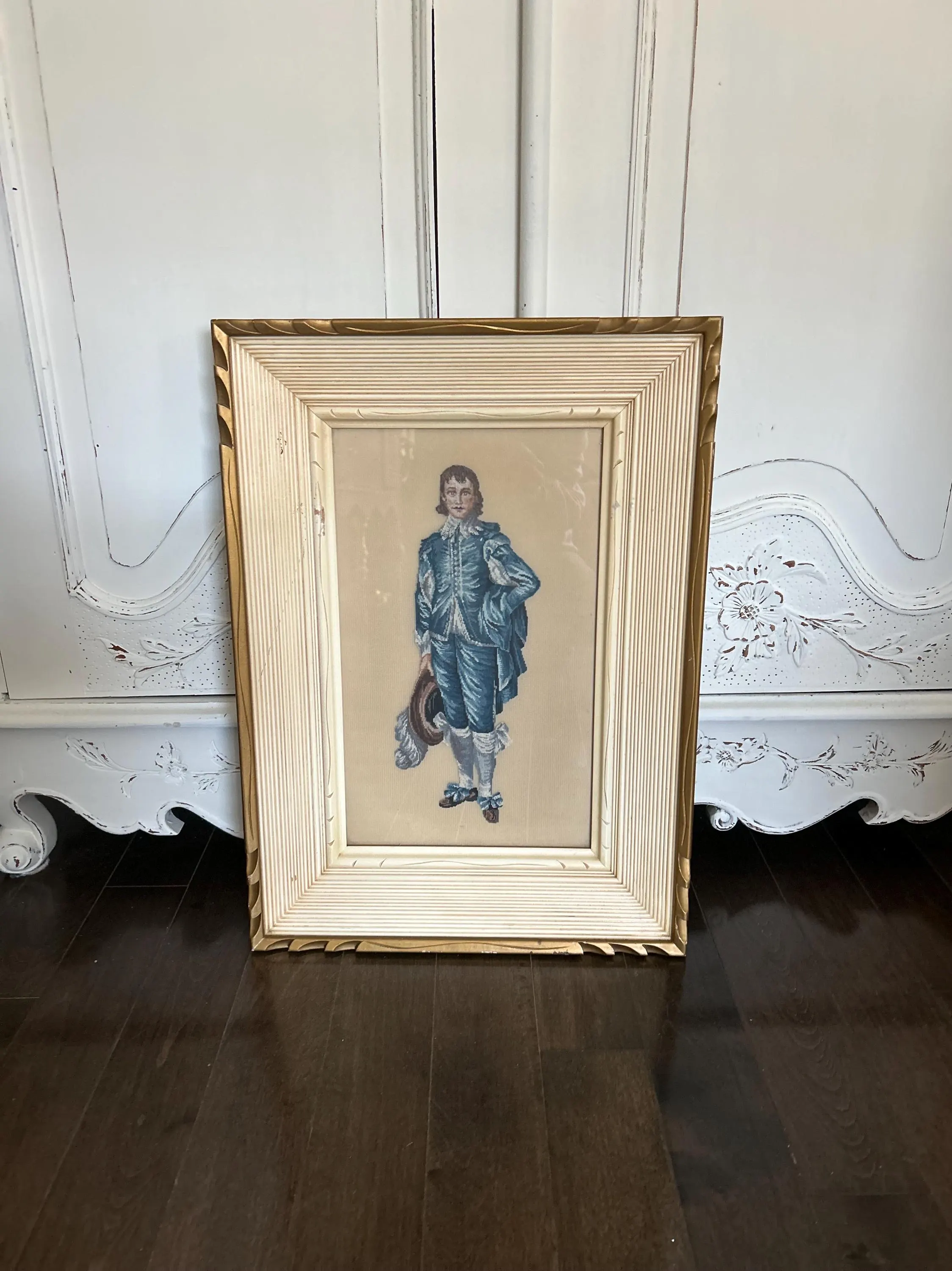 Vintage Blue Boy Petit Point Embroidery, Framed, Gold Frame 