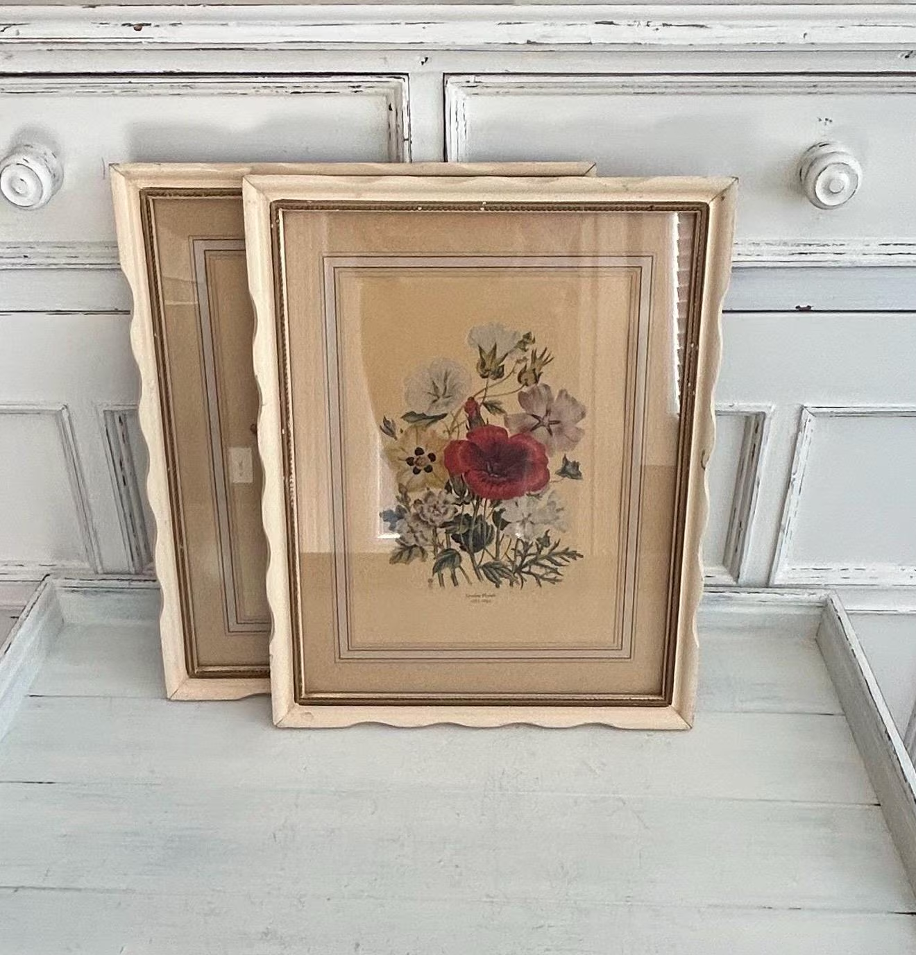 Set of two vintage wood framed floral prints