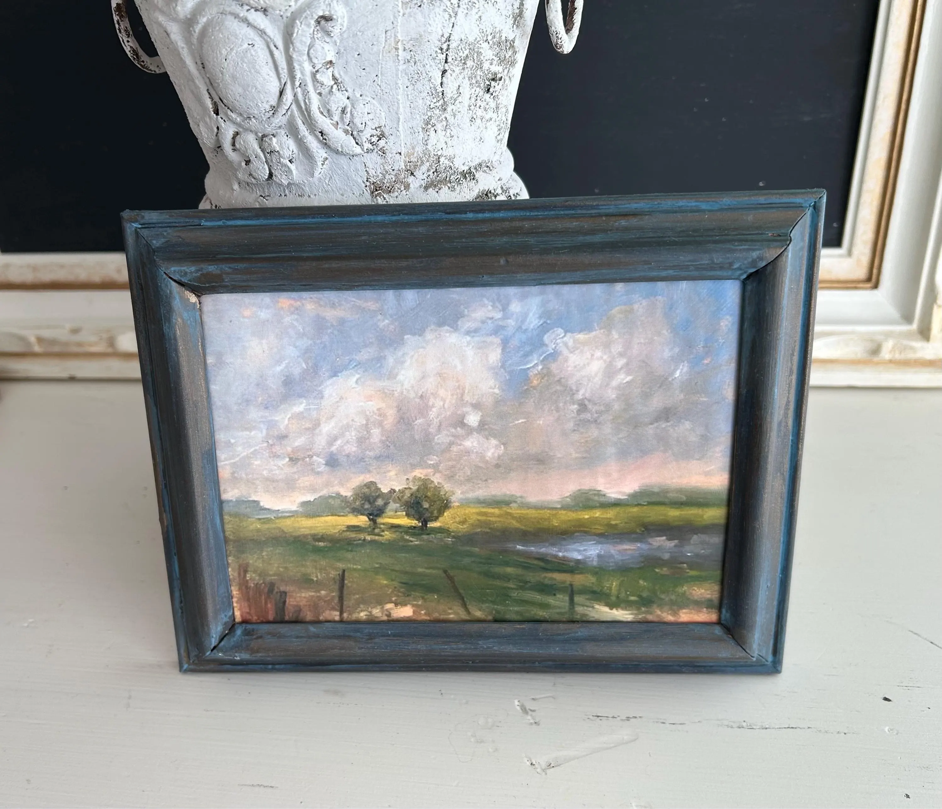 Vintage landscape print in distressed blue & gold frame