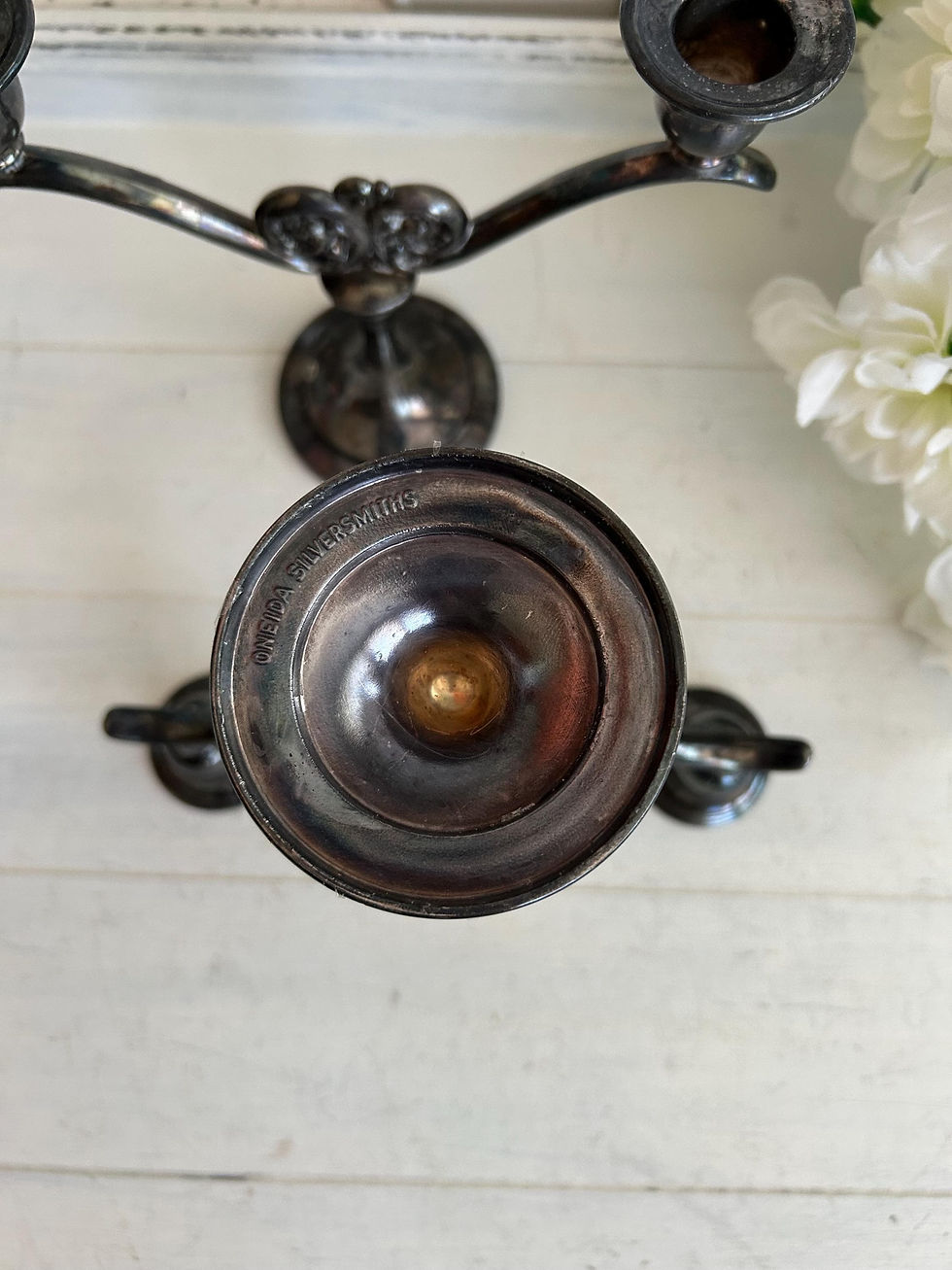 Thumbnail: Vintage silver candlestick holder, top view of candle cup