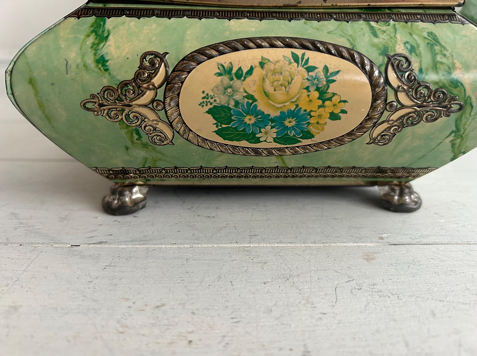 Thumbnail: Embossed Floral Metal Tin: Vintage Art Deco Container