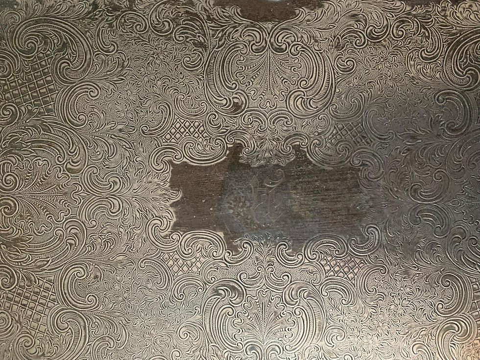 Thumbnail: Detail of Ornate Carved Pattern on Vintage Silver Bar Tray