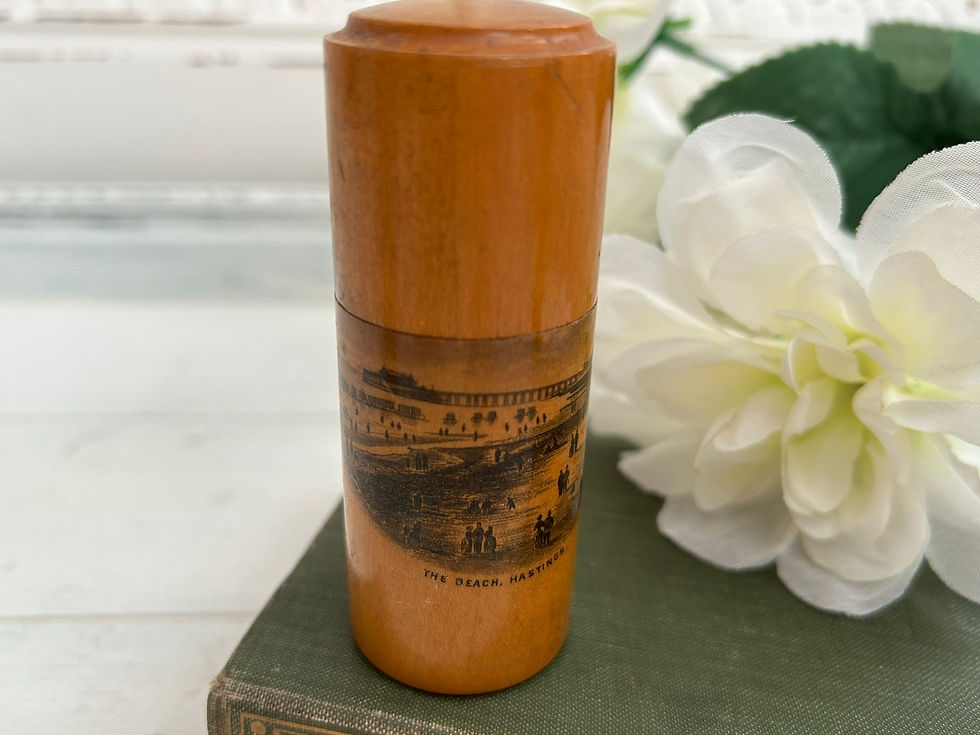 Thumbnail: Cylindrical Mauchline Ware wood holder with landscape scene.