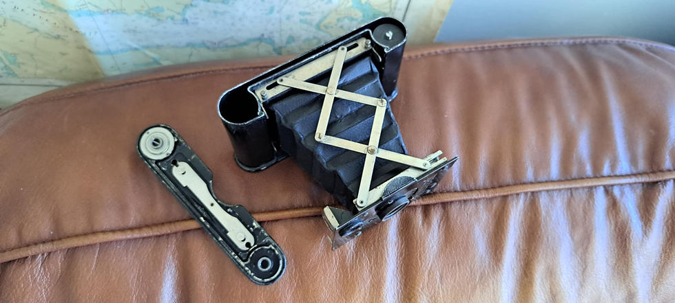 Thumbnail: Antique Kodak Vest Pocket camera unfolded on leather
