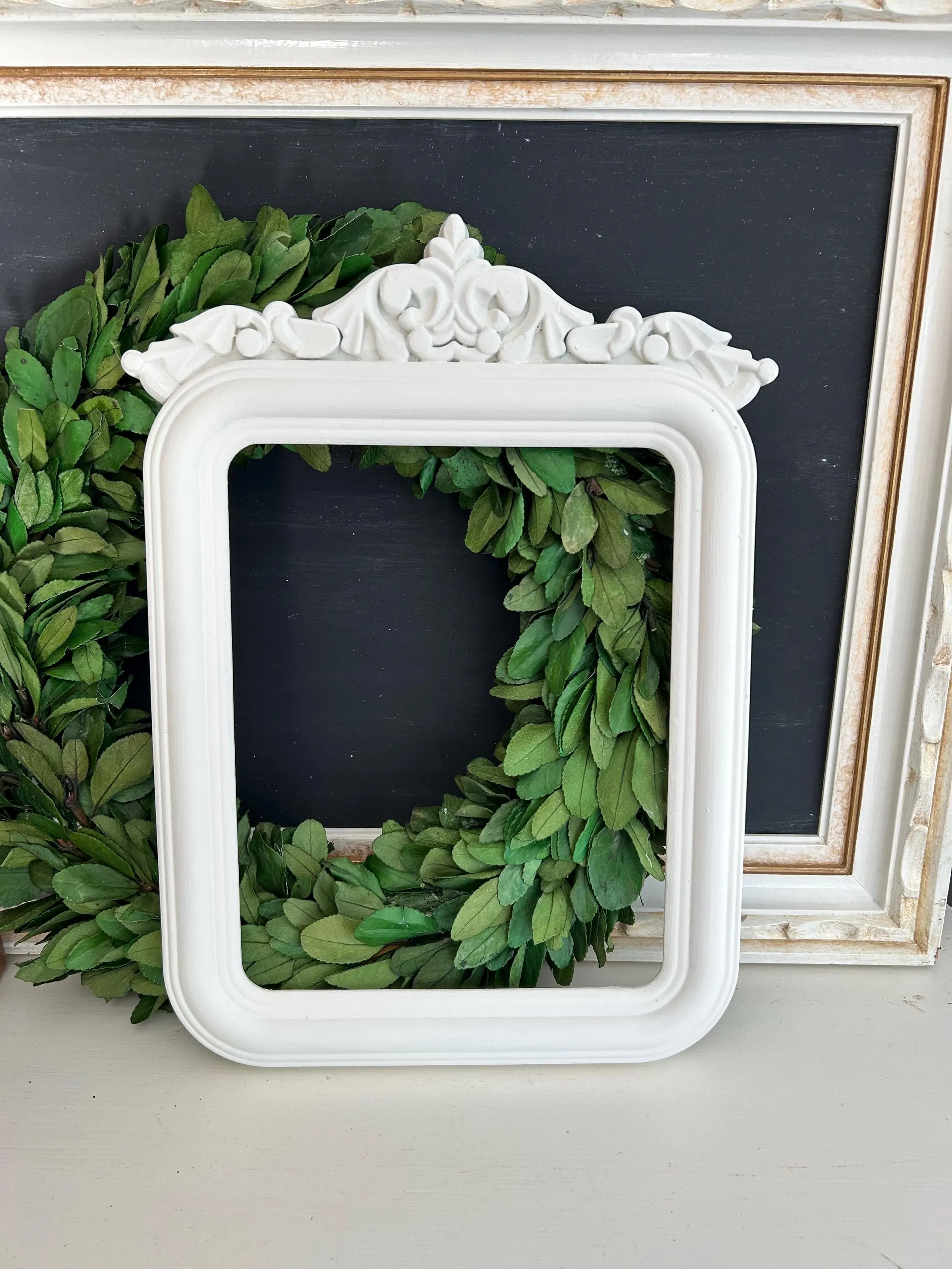 White shabby chic painted frame with ornate crest (9.5"x11.75")