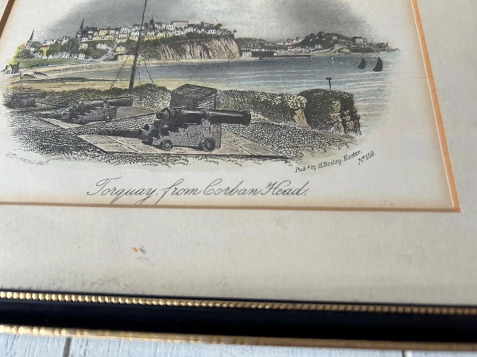 Vintage English print of Torquay from Corbon Head with cannons.