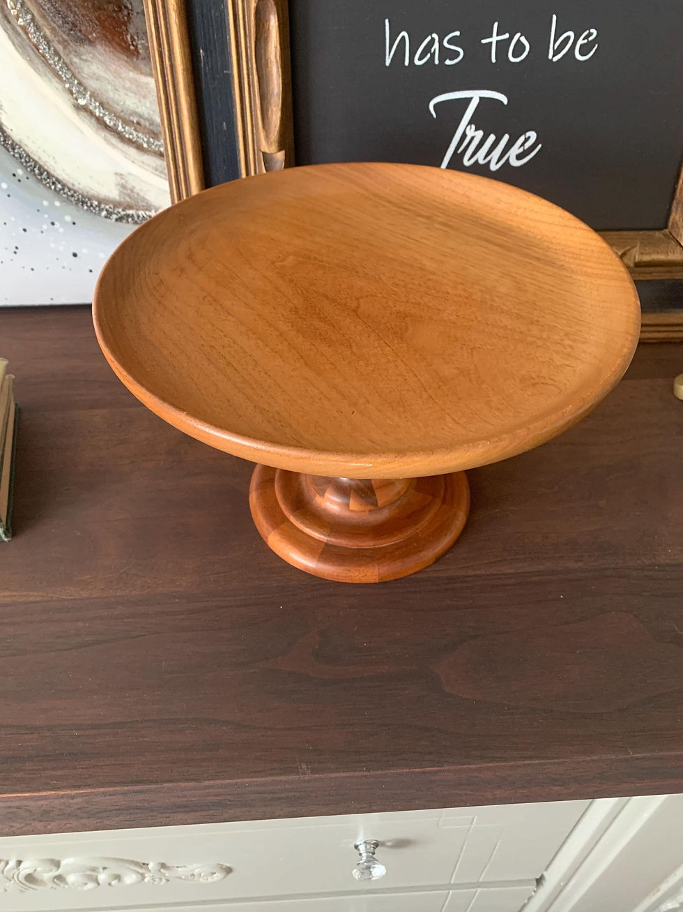 Thumbnail: Vintage Wood Pedestal Bowl: Handmade Fruit Display Dish