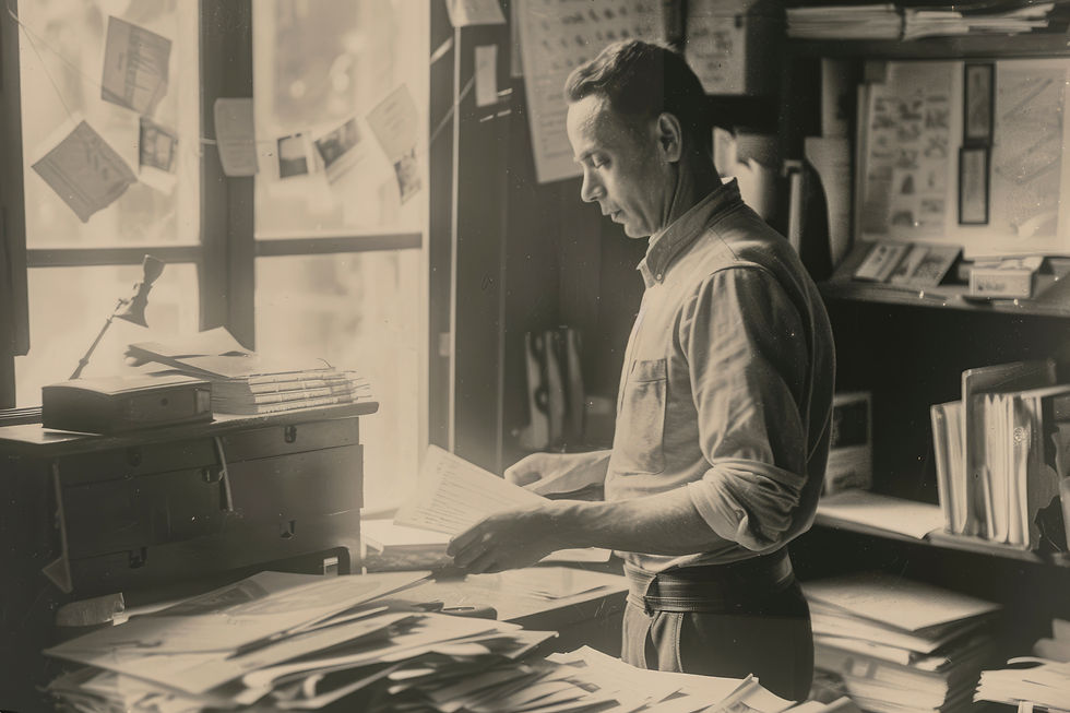 Hombre revisa papeles en una oficina llena de documentos, junto a una ventana; tono sepia y ambiente concentrado.