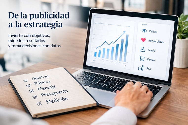 Mano usando portátil con gráfica de marketing; libreta con objetivo, público, mensaje, presupuesto y medición sobre escritorio.