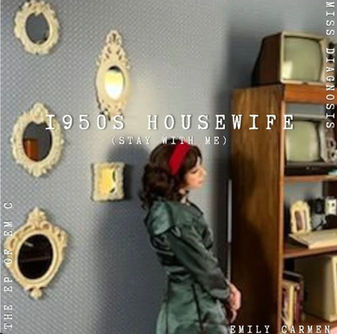 1950s Housewife album cover of Emily Carmen in 1950s dress and in a retro 1950s vintage living room standing and facing to the right