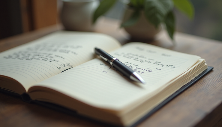 Close-up view of a journal with handwritten notes and a pen