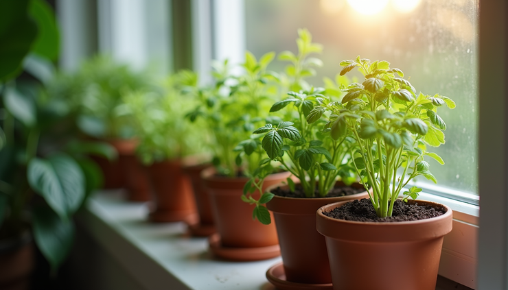 Close-up view of a small indoor garden with potted herbs on a windowsill