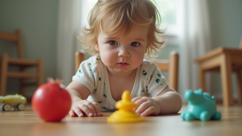 Eye-level view of a toddler choosing between two toy options