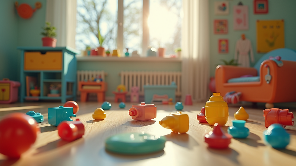 High angle view of a colorful playroom with toys spread out