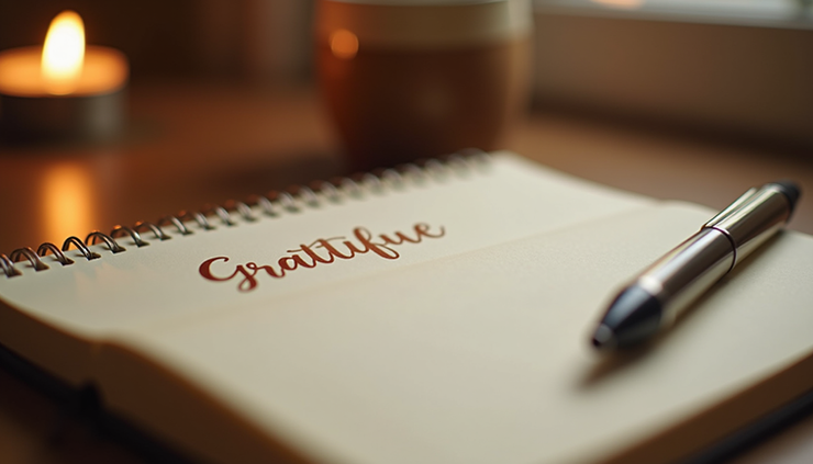 Close-up view of a gratitude journal with handwritten notes and a pen
